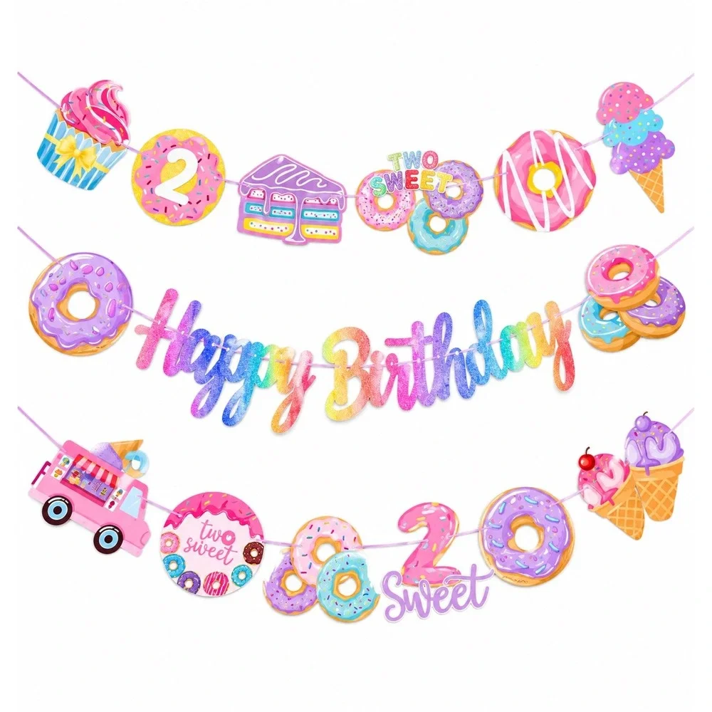 C L cooper life Donut Birthday Party Banners 3Pcs Two Sweet Party Decorations